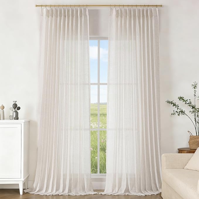 Vision Home Natural Pinch Pleated Sheer Curtains 108 inches Soft Cotton Feel Farmhouse Rustic Light Filtering Drapes,Window Treatment Panels with Hooks & Back Tab for Living Room Bedroom, 60"Wx108"Lx2