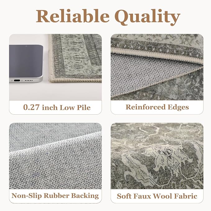 Neutral 2x6 Washable Runner Rug Non Slip, Transitional Modern Faromhouse Carpet Runners for Hallway Kitchen 6ft, Low Pile Ultra Thin Print Entryway Runner for Bathroom Bedroom, Gray/Beige/Olive
