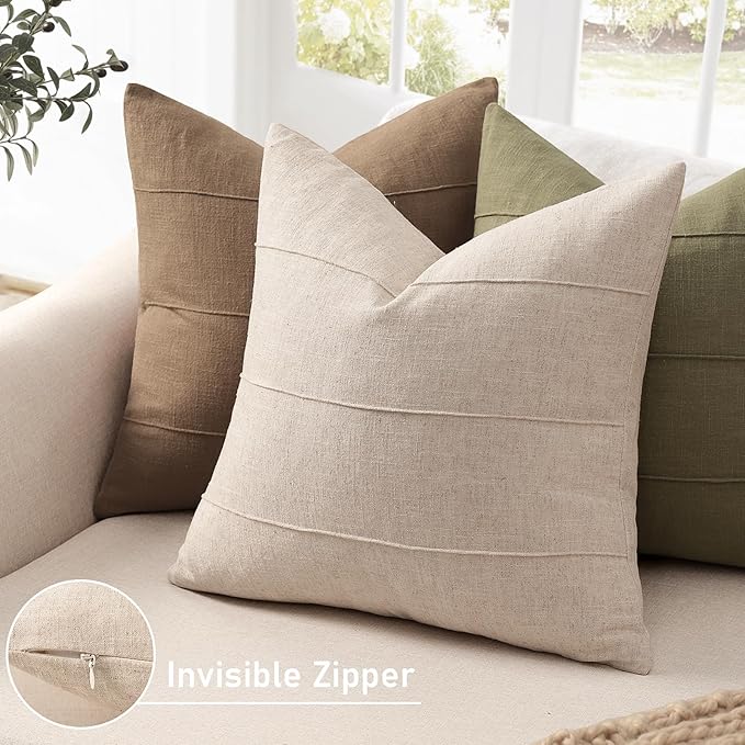 Decorative Linen Throw Pillow Covers 16x16 Set of 2 Solid handcrafted Striped Cushion Covers for Bed Soft Modern Farmhouse Neutral Pillowcase for Couch Bedroom Living Room Home Decor(Natural Beige)