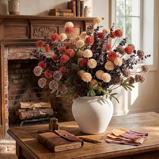 Hoteam 36 Pcs Artificial Chrysanthemum Flowers Bouquet with Dried Eucalyptus Leaves 15 Stems Fake Mums 21 Stems Preserved Eucalyptus for Vase Home Decor Wedding Centerpieces (Burnt Orange)