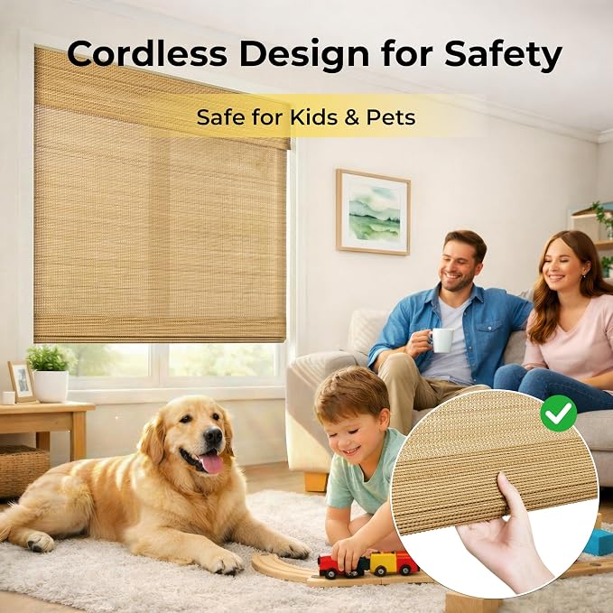 UNISHADES No Drill Cordless Bamboo Roman Shades, 39×64 in, Carbonized | Natural material, Light Filtering, Easy Install