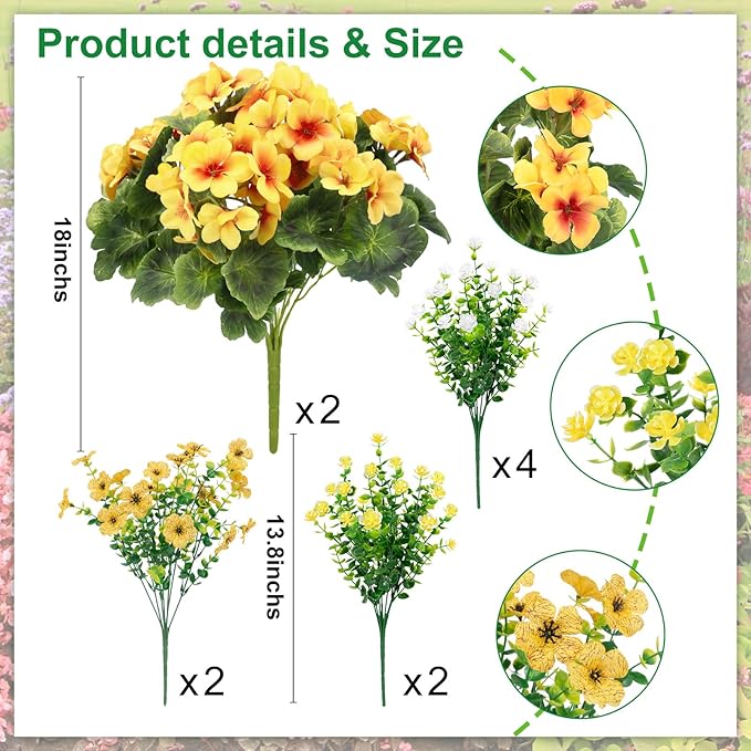 Ouddy Decor 18'' Artificial Geraniums Flowers for Outdoors, 10 Bundles Mixed Fake Silk Flowers Plastic Plants UV Resistant for Summer Garden Porch Patio Planter Home Decor, Yellow
