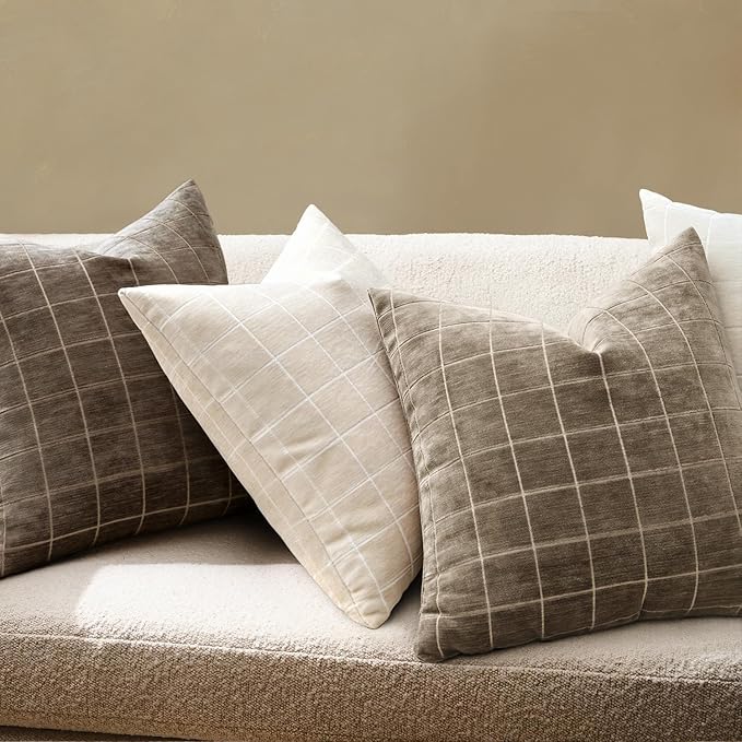 MIULEE Decorative Chenille Check Throw Pillow Covers Vintage Plaid Couch Pillows 22x22 Inch Set of 2 Neutral Boho Farmhouse Cushion Covers Modern Spring Home Decor for Sofa Bed Living Room Taupe Grey