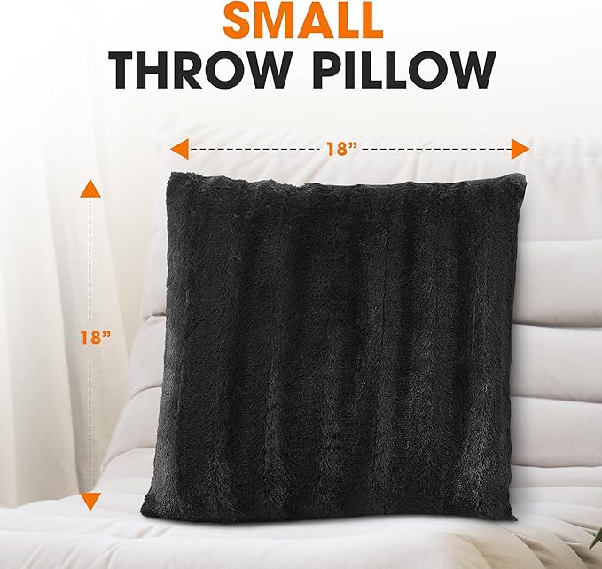 Cheer Collection Faux Fur Throw Pillows - Decorative Pillows for Couch, Bed Throw Pillows, Black Accent Pillows for Bedroom or Living Room Aesthetic, Set of 2 Furry Throw Pillows, 18”x18”