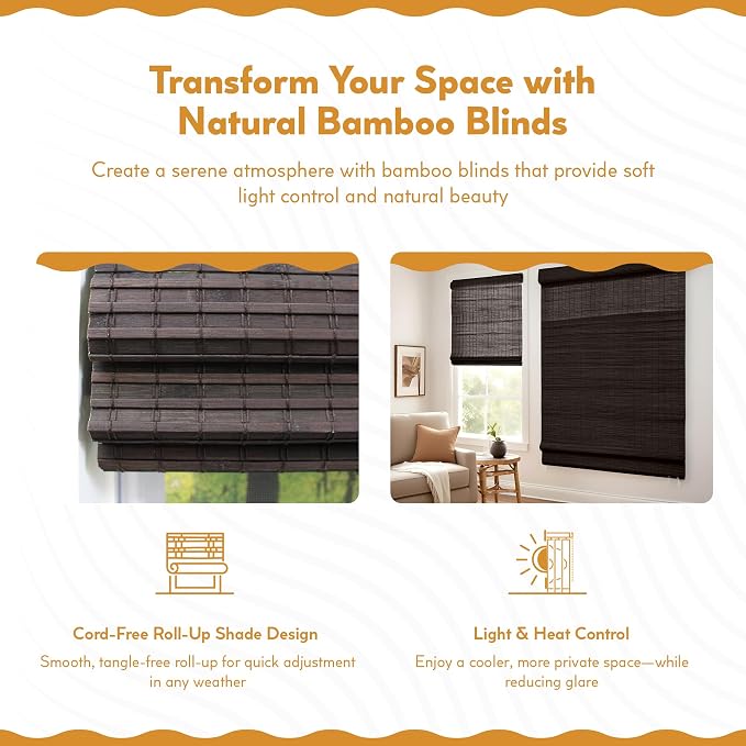 Radiance Cordless Bamboo Roman Shades for Windows - Flatweave Bamboo Blinds for Reduce Bright Light - Easy to Lift & Fold Up Window Shades - Espresso - 31 in. W x 64 in. L - (2208832E)