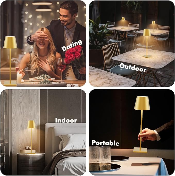 2-Pack LED Cordless Table Lamp 5000mAh Rechargeable Battery Operated Stepless Dimmable Portable Lamp for Restaurant, Bedroom, Outdoor (Gold)