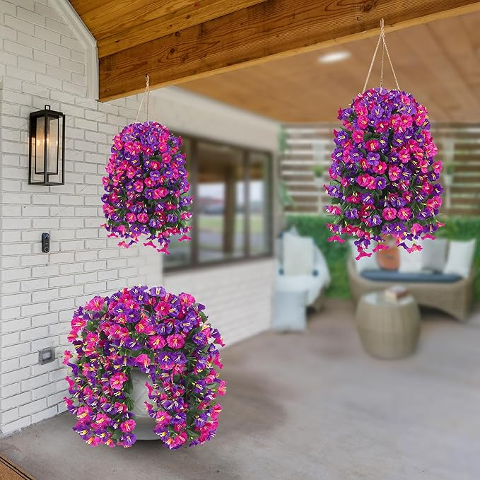 Artificial Fake Hanging Flowers Plants for Outdoor Outside Spring Summer Decoration 4PCS Faux Silk UV Resistant Realistic Morning Glory Trailing Vines for Home Porch Patio Balcony(Purple & Magenta)