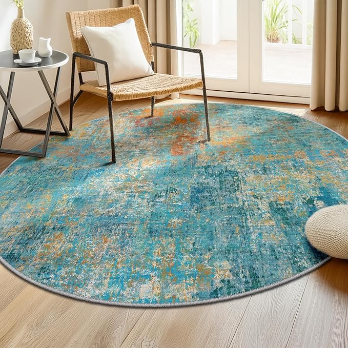 RELEANY Washable Area Rugs 8ft Non-Slip Modern Abstract Soft for Living Room Entryway Bedroom Nursery, Print Pattern, Teal Blue Green Orange Rust Red Coloreful