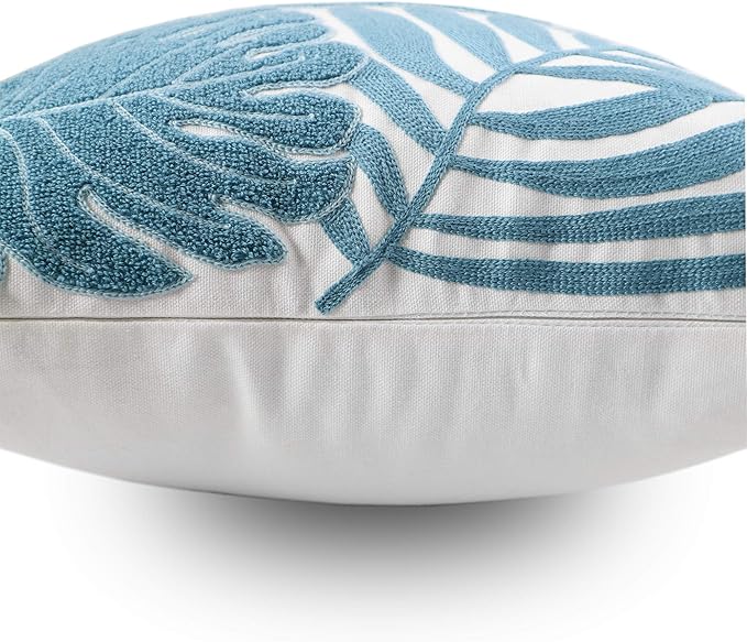 Embroidery Throw Pillow Cover 18x18 Light Blue Tropical Leaf Home Décor Turquoise Cushion Cover for Couch 45x45 100% Cotton Floor Pillowcase Teal Plant Monstera Leaf Loop, 1 Piece