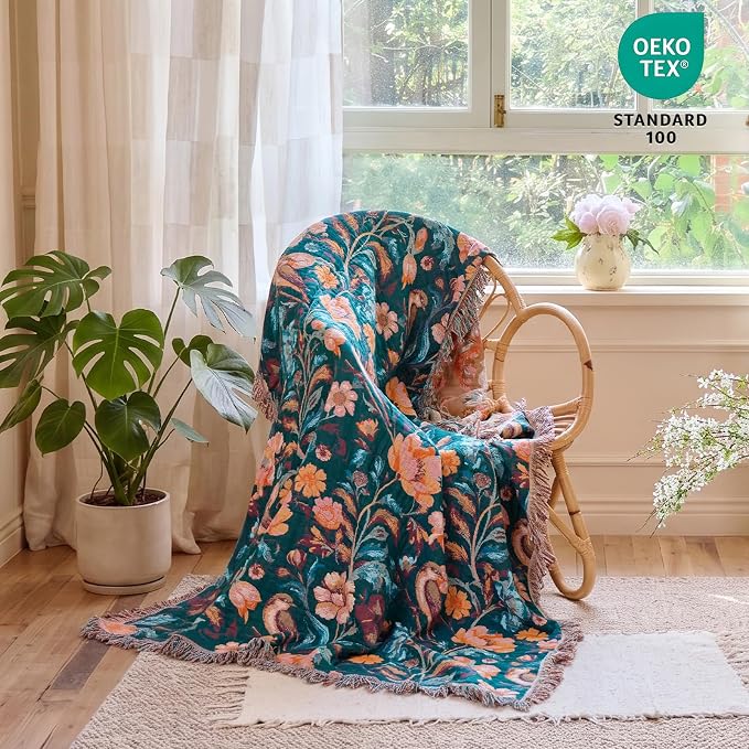 MSGKV Boho Throw Blanket for Couch 50"x60" Cotton Birds Floral Blanket Sofa Chair Blankets Muslin Summer Breathable All Seasons Lightweight Farmhouse Blankets Home Decor