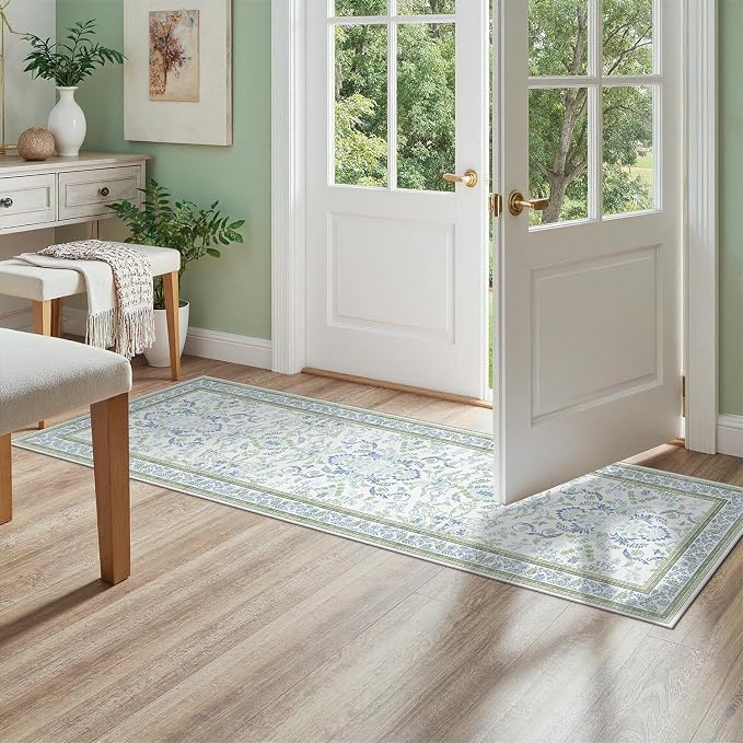 DCX Green and Blue Floral 2x8 Runner Rug, Machine Washable with Non Slip Vintage Backing Hallway Runner Rug Carpet for Nursery Soft Low Pile Stain Resistant, Kitchen, Bathroom