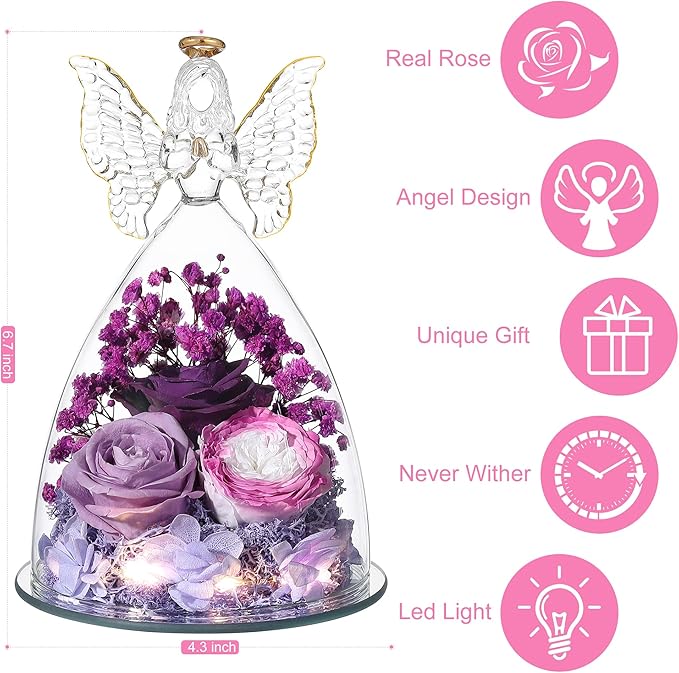 Mothers Day Rose Gifts for Women Preserved Real Flower in Glass Angel Figurines Roses for Delivery Prime Birthday Gifts for Mom Grandma Girlfriend Wife Her, Colorful Purple