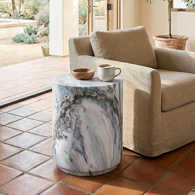 24/7 Shop at Home Ranera Modern 14-inch Natural Stone Side Table with Round Drum Base, Marble Nightstand, Patio End Table, for Living Room, Covered Outdoor Spaces, Balcony, Blue Gray Marble