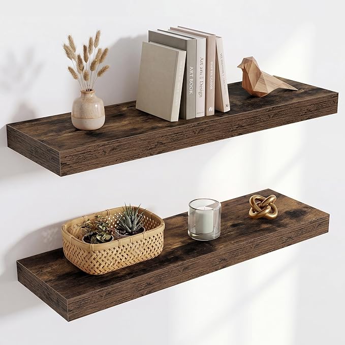 Acovy 24in Long Floating Shelves for Wall Set of 2, Wood Wall Shelves for Bathroom Bedroom Kitchen Living Room Laundry Room, Modern Floating Shelf for Home Decor