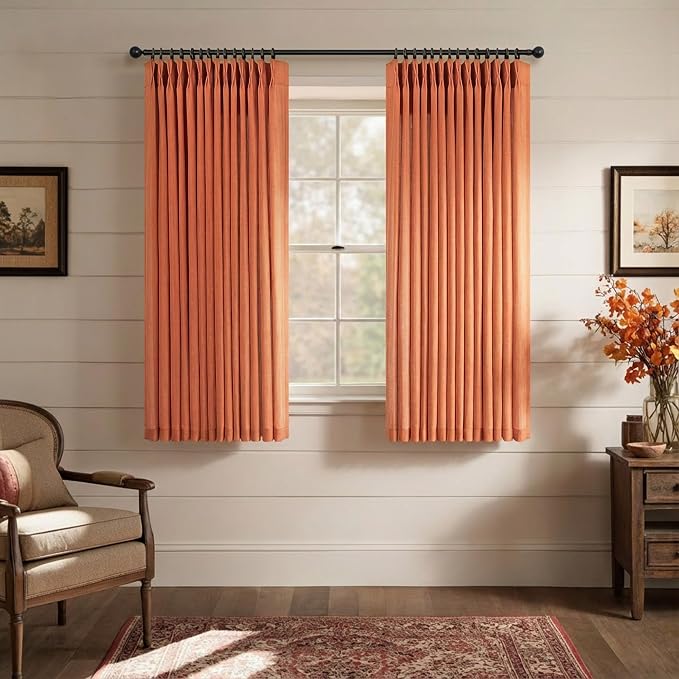Burnt Orange Pinch Pleat Curtains 45 Inch Length for Bedroom 2 Panel Neutral Industrial Farmhouse Boho Light Filtering Semi Sheer Short Linen Pleated Curtain for Small Window Sunroom Kitchen Back Tab