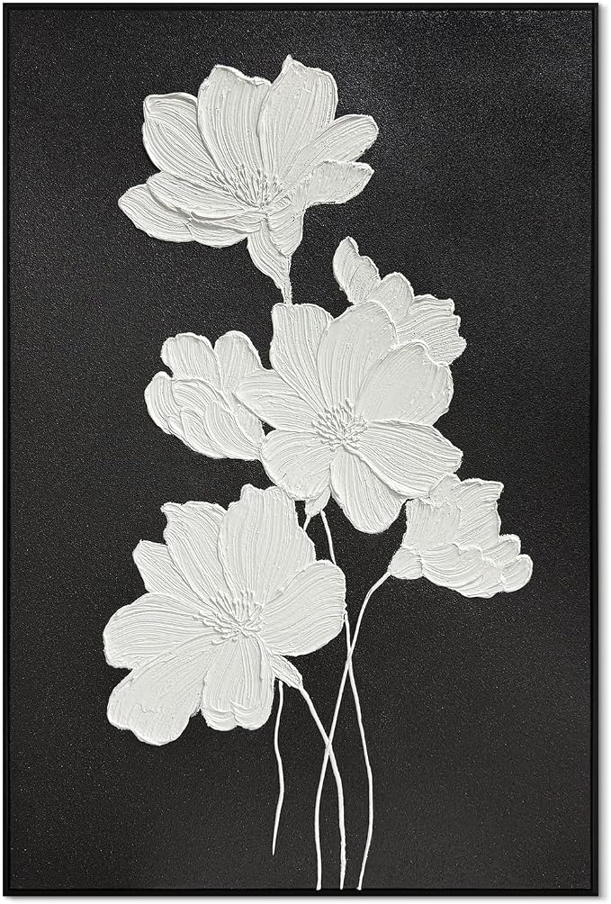 SAFERRYHOME White Flower Hand Painted Wall Art, Large Modern Floral Framed Canvas Wall Decor, 3D Texture Flower Oil Painting Nature Artwork for Home Office Living Room Hallway, 24"x36"