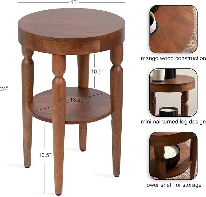 Kate and Laurel Ardentown Modern Round Wood Side Table, 16 x 16 x 24, Walnut Brown, Turned Leg Two-Tier End Table for Use as a Bedroom Nightstand or Living Room Plant Stand Table