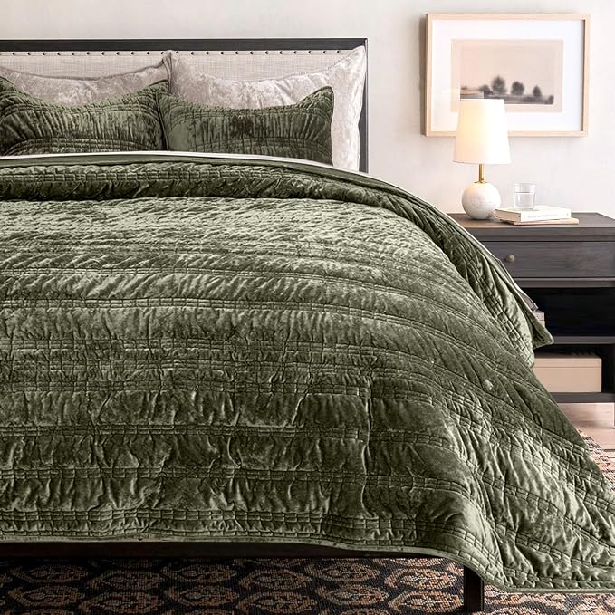 EverGrace Luxury Ruched Velvet Quilt Queen Size, Ultra Soft Bedspread Coverlet Set, Lightweight Velvet Comforter, Quilted Bedding Cover with 2 Matching Shams for All Season, Olive Green
