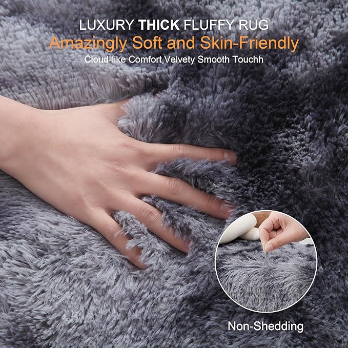 KICHOWUA Thick Area Rug 5x7 Dark Grey Fluffy Shag for Bedroom, Extra Soft Plush Fuzzy Washable Thickened Non-Slip Carpet, Modern Furry Shaggy Rug for Living Room Kids Nursery Dorm Room, Tie-Dye Gray
