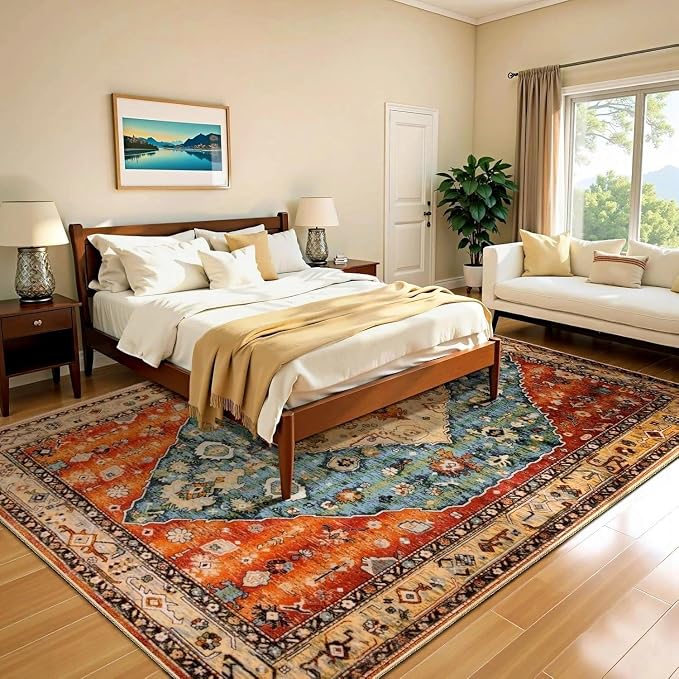 SERISSA Washable Rugs 6x9 Area Rugs, Large Non-Slip Boho Living Room Rug, Ultra Soft Vintage Print Distressed Oriental Tribal Farmhouse Carpet for Dining Room Bedroom Dorm Office Home Decor