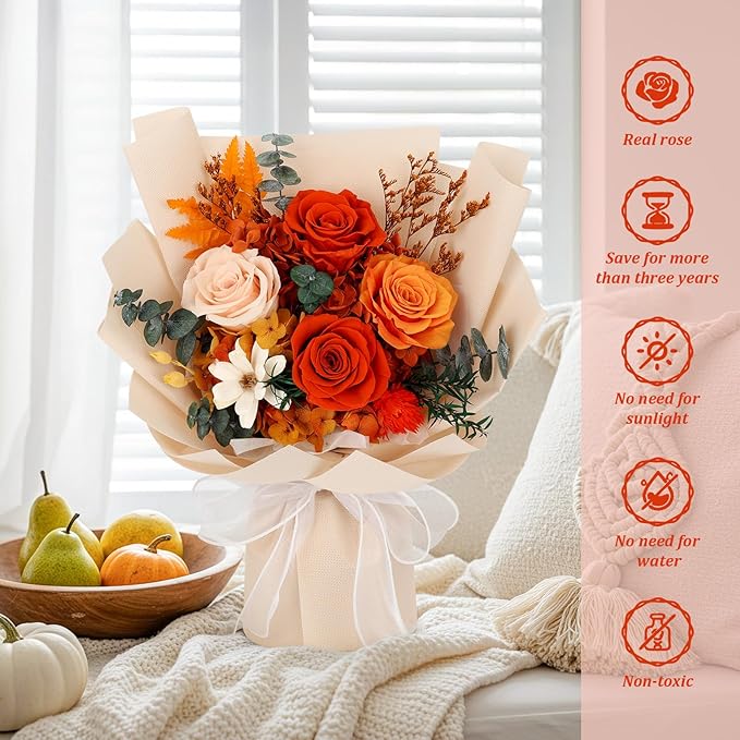 Flowers for Delivery Prime Preserved Flower Bouquet That Last 3-5 Years Real Forever Rose Bouquet for Her Women Wife Grandma Girlfriend Anniversary Birthday Mothers Day Gifts for Mom,Orange