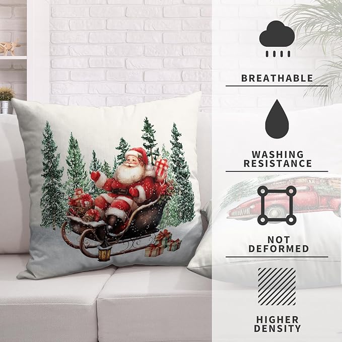 Christmas Santa Pillow Covers Set of 2 Snowy House Red Truck Snowman Throw Pillow Covers Green Xmas Tree Pillowcase 20x20 Cotton Linen Cushion Case for Winter Holiday Home Decor