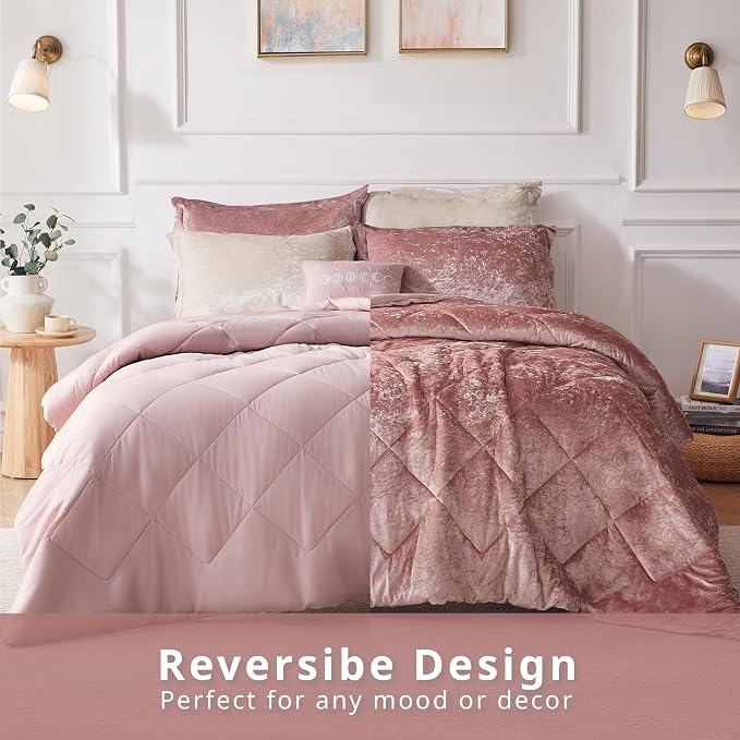 Intelligent Design Duvet Cover Set, Velvet Duvet Set, Luxury Diamond Quilting Pink Duvet Cover, Fluffy Duvet Cover with Decorative Pillow and 2 Shams, 4 Pieces, Blush, Full/Queen