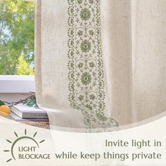 jinchan Weslie Boho Lined Linen Curtains for Bedroom Sage Green Vintage Floral Farmhouse Curtains 90 Inches Long Linen Drapes for Living Room Embroidered Drapes Sage on Beige 2 Panels