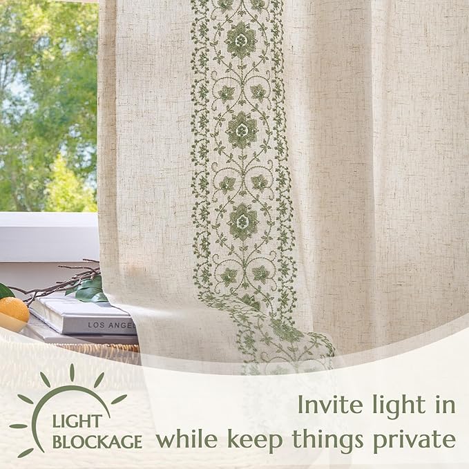 jinchan Weslie Boho Lined Linen Curtains for Living Room Sage Green Vintage Floral Farmhouse Curtains 108 Inches Long Linen Drapes for Bedroom Embroidered Extra Long Drapes Sage 2 Panels