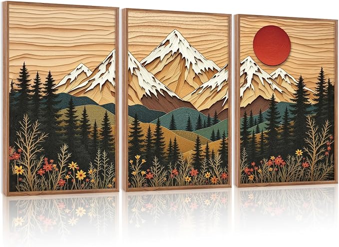 LHIUEM Vintage Woodcut Mountain Framed Canvas Wall Art,Forest Pine Tree Boho Wall Decor,Wilderness Sunset Landscape Artwork for Living Room,Bedroom,Dining Room,Office -16"x24"x3