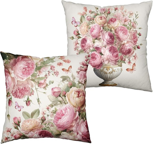 Rose Flower Pillow Covers Spring Summer Pink Floral Pillow Cases Peony Throw Pillow Covers 24x24 Set of 2 Shabby Chic Farmhouse Cushion Cases for Home Bedroom Living Room Decor
