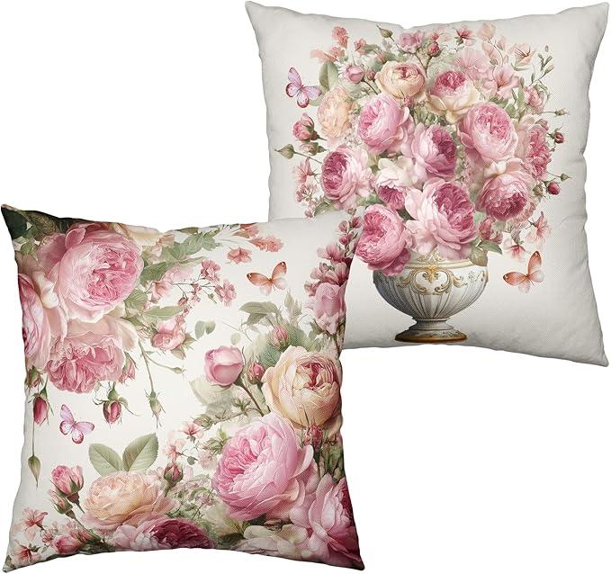 Rose Throw Pillow Covers Spring Summer Shabby Chic Flower Throw Pillow Covers 20x20 Set of 2 Rustic Green Leaves Pink Rose Floral Pillow Cases for Bedroom Sofa Couch Decor