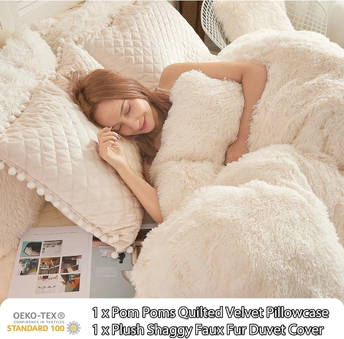LIFEREVO Luxury Plush Shaggy Duvet Cover Set, Soft Velvet Fluffy Furry Duvet Cover Set(1 Faux Fur Fuzzy Comforter Cover+1 Pom Pom Pillow Case) Bedding Set,Zipper Closure(Twin/Twin XL,Light Beige)