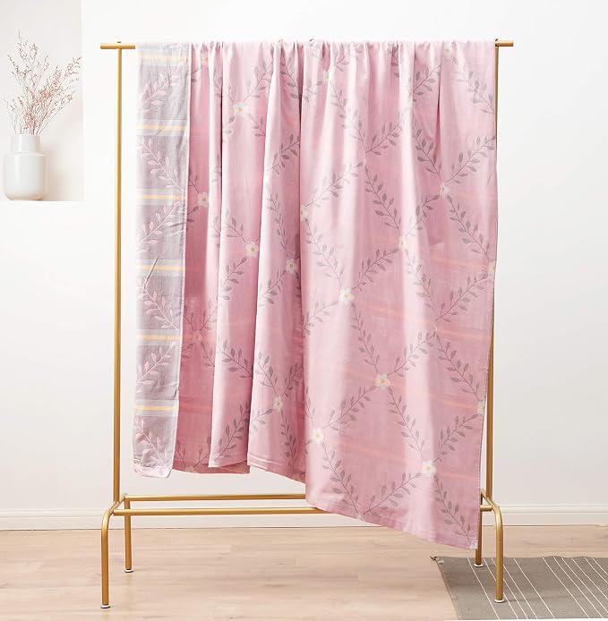 MEJU Pink Flower Muslin Throw Blanket Lightweight Summer for Bed Sofa Couch, 100% Combed Cotton 2 Layer Soft Warm Quick Dry Throw Blanket Bed Coverlet Sheet Flower Pink, F/Q 80 in X 90 in