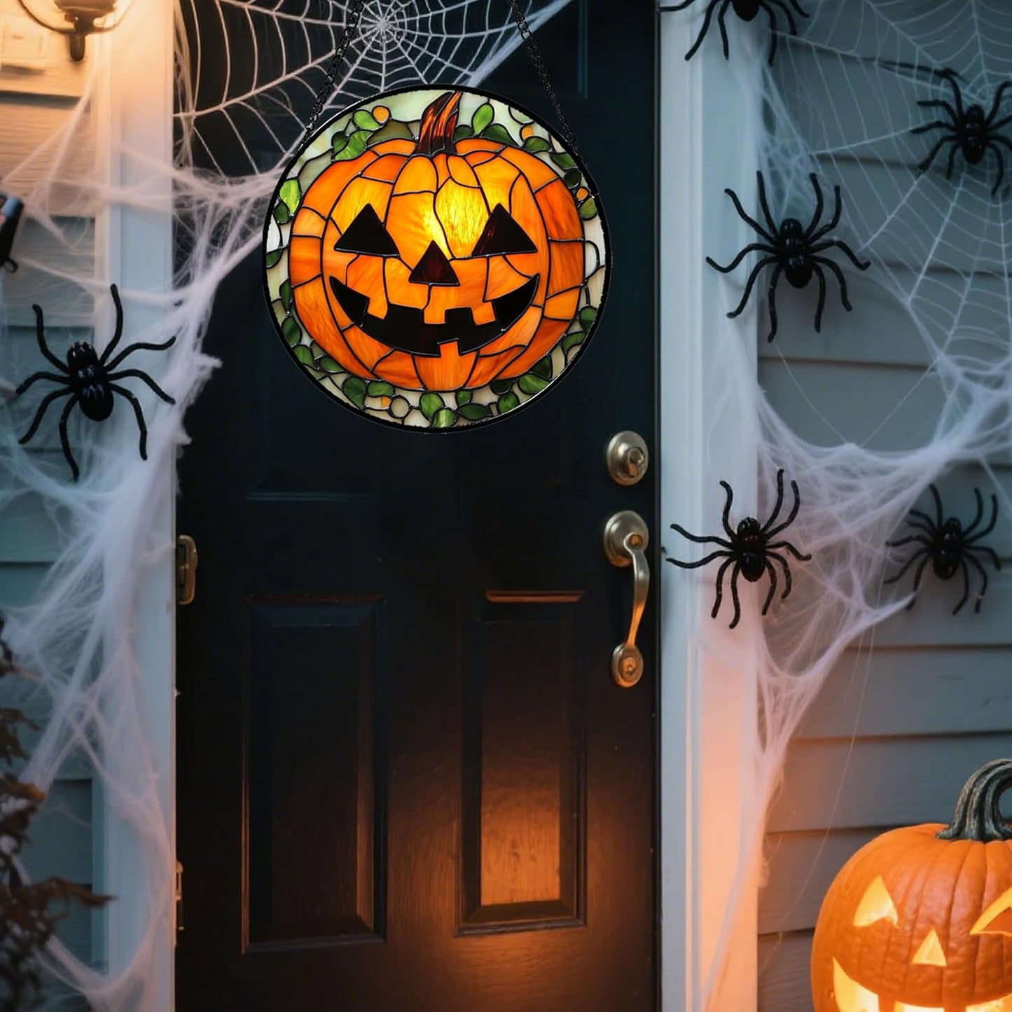 Stained Glass Window Hanging, Halloween Decorations Evil Pumpkin Suncatcher for Doors Garden Indoor Spooky Funny Orange Sun Catchers Gothic Decor Horror Gifts for Women Men Friend 15 in