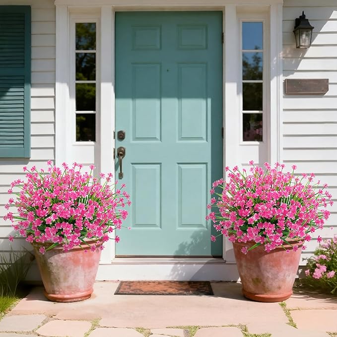 Ouddy Decor 12 Bundles Artificial Flowers for Outdoors UV Resistant Fake Plastic Plants Faux Greenery Stems for Spring Summer Indoor Garden Patio Window Box Kitchen Home Decor, Pink