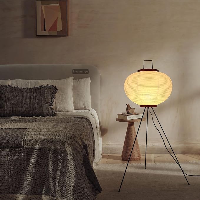 Japanese Rice Paper Floor Lamp, Cozy Paper Lamp Japandi Lantern Lights Wabi Sabi Style for Living Room Bedroom Office, 43 Inch Tripod Stand, White Lantern with E26 LED Bulb, 3000K/5000K