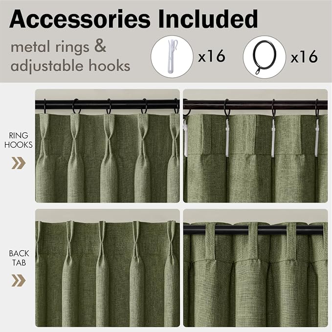 MIULEE Olive Green Pinch Pleated Thick Linen Curtains 102 Inches Long 2 Panels for Living Room Bedroom, Linen Texture Drapes Memory Trained Semi Sheer Moss Green Window Curtains with Hooks&Rings
