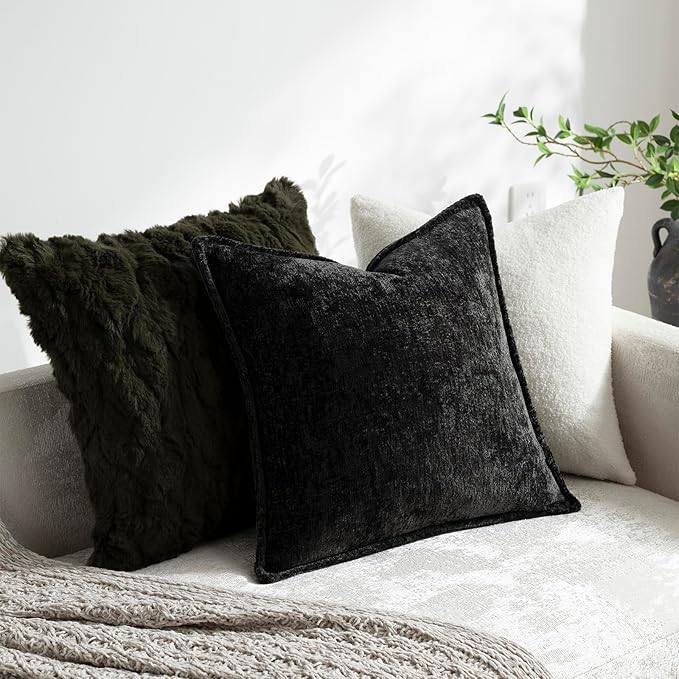 DEZENE Pack of 2 Black Decorative Throw Pillow Covers 22x22 Cozy Soft Chenille Accent Vintage Square Couch Pillow Covers for Home Decor Bed Sofa Living Room