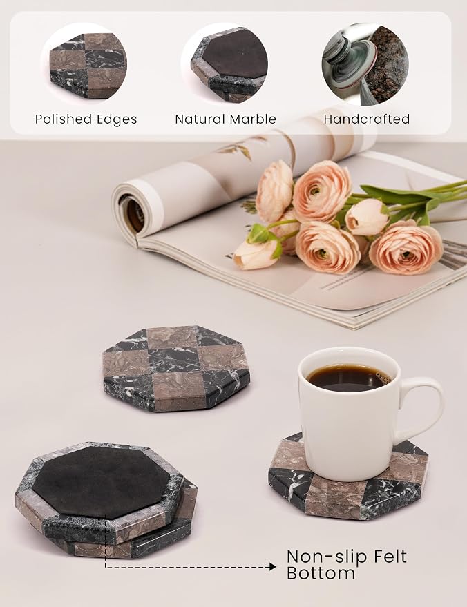Marble Coasters Set of 4, Zebra Black & Oceanic Handmade 4 inch Star Stone Coaster, Drink Checkered Coasters for Coffee Table, Stylish Bar Accessories & Modern Home Décor