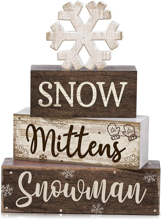 Moucuny 4 Pcs Winter Table Decorations Wooden Snowflake Decor Christmas Tiered Tray Decor Rustic Decorative Snowflake Block Sign Gift Winter Table Centerpiece for Wonderland Party Home Kitchen
