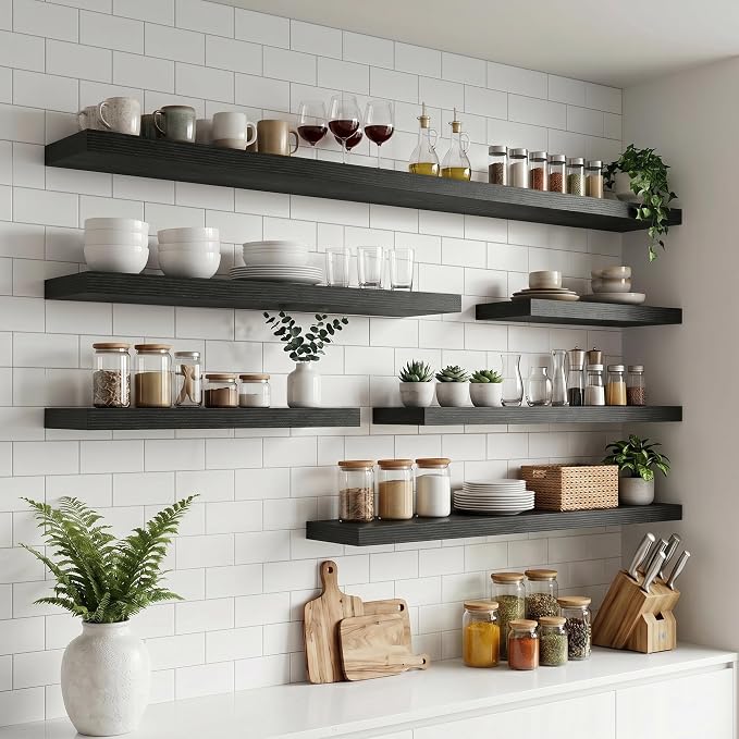 48 Inch Floating Shelves for Wall, 8"D Wood Storage Shelves, Black Finish | Engineered Wood, Invisible Bracket, Large Storage, Easy Install, Hold Up to 77lbs, Living Room, Bathroom, Bedroom, Kitchen