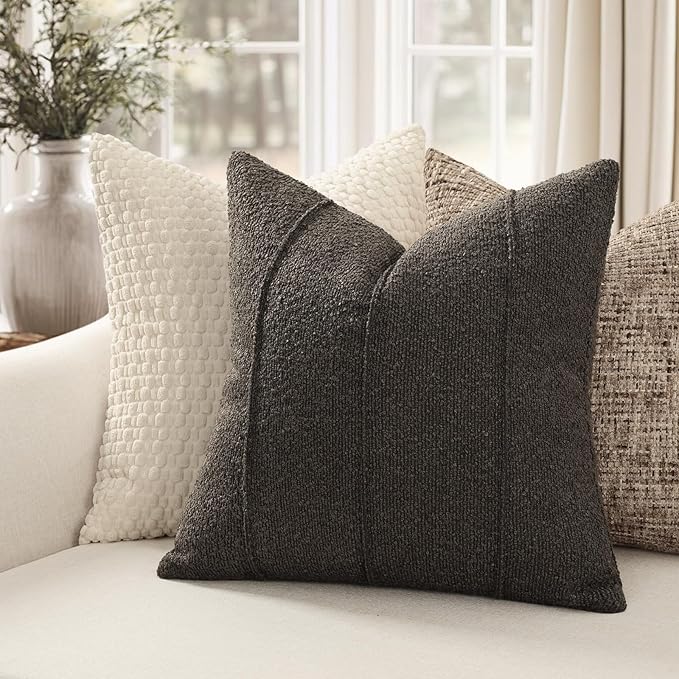 YCOLL Textured Boucle Throw Pillow Covers 20x20 Pack of 2 - Soft Neutral Striped Cushion Covers, Cozy Accent Decorative Pillow Covers for Couch, Sofa, Bed, Living Room (Dark Gray)
