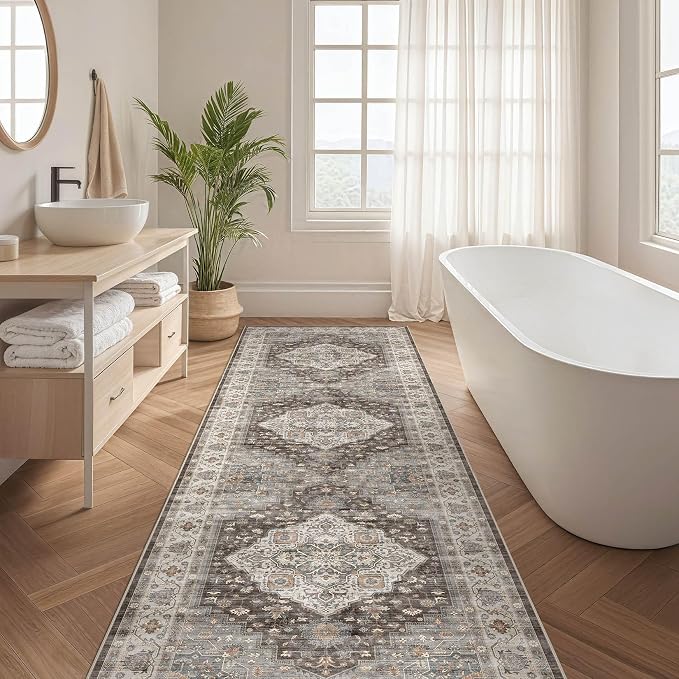 Runner Rug Kitchen Washable Rugs: 3x8 Non-Slip Boho Vintage Stain Resistant Indoor Neutral Farmhouse Throw Carpet for Hallway Bathroom Laundry Room Entryway Bedroom- Grey Brown