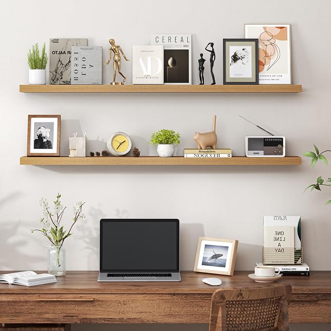 Heimlove 48 Inch Floating Shelves for Wall,Extra Long Wood Shelves Mounted Storage Hanging Shelf Invisible Bracket for Bedroom,Living Room,Kitchen,Office,Set of 2,Oak Color