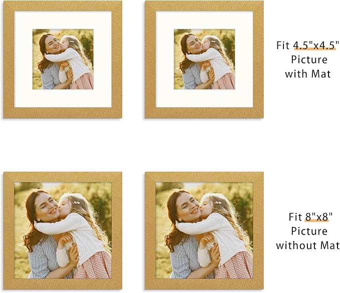 Picrit 8x8 Picture Frame Set of 12, Display 5x5 with Mat or 8 x 8 Without Mat, Photo Frames for Wall Mounting or Table Top Display, Gold