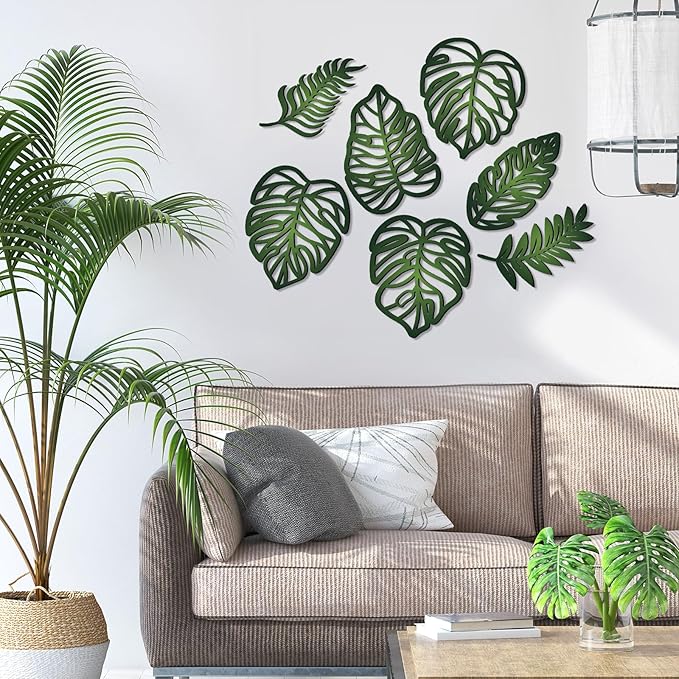Namalu 7 Pcs Tropical Wall Decor Jungle Monstera Wall Art Boho Palm Leaf Wooden Decoration Tropical Nursery Decor Vintage Natural Monstera Leaf Plaque for Farmhouse Kitchen Bedroom Garden(Green)