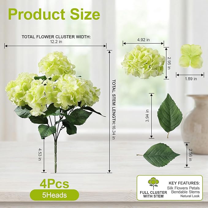 Ivydale Artificial Flowers for Outdoors, 4 PCS Green Fake Silk Hydrangea Flower Stems for Bouquets UV Resistant Realistic Faux Plants Home Outdoor Wedding Party Centerpieces Decor