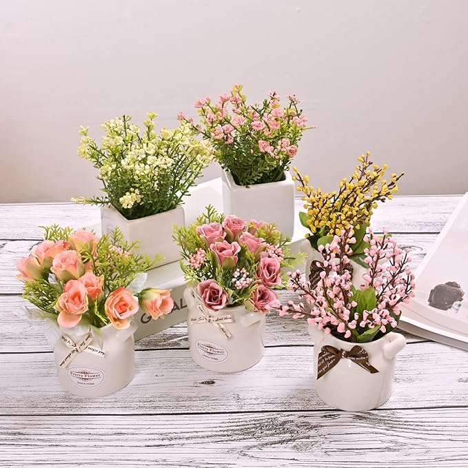 LUEUR 6Pcs Artificial Flowers with Ceramic Pot Fake Flower Arrangements Small Faux Spring Flowers in Vase Spring/Summer Decor, Centerpiece Table Decorations for Easter Home Office Shelf