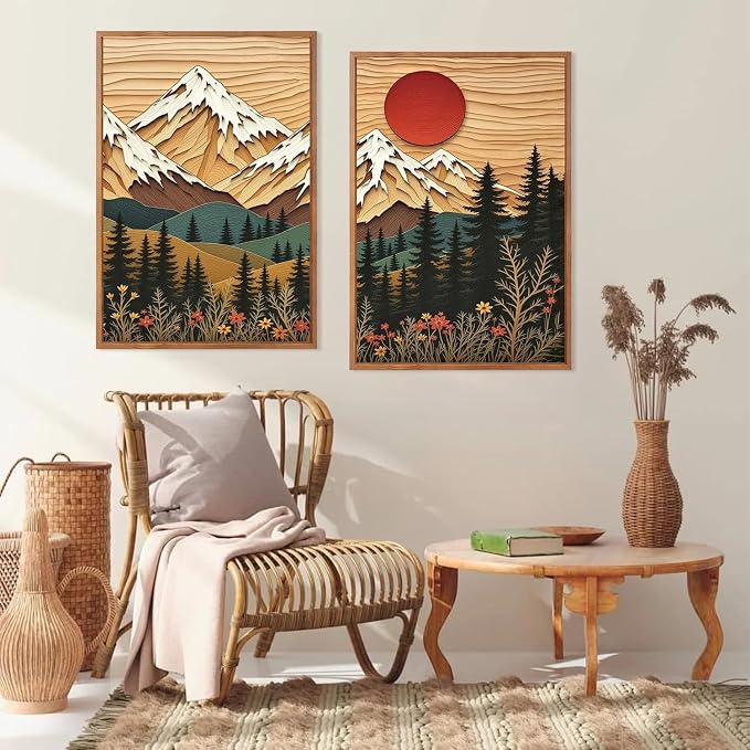 LHIUEM Vintage Woodcut Mountain Framed Canvas Wall Art,Forest Pine Tree Boho Wall Decor,Wilderness Sunset Landscape Artwork for Living Room,Bedroom,Dining Room,Office -24"x36"x3